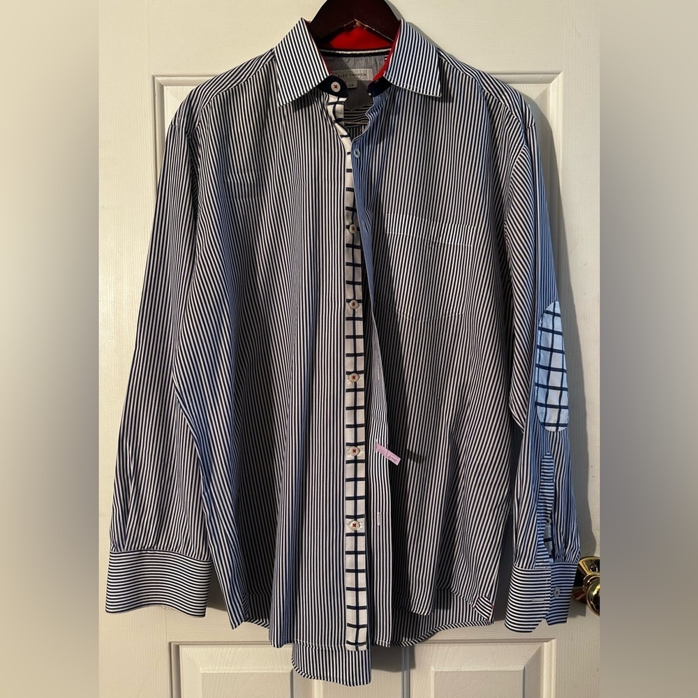 ALEX CANNON Blue White Stripe LG Button Down Contrast Cuffs Elbow Patches Cotton